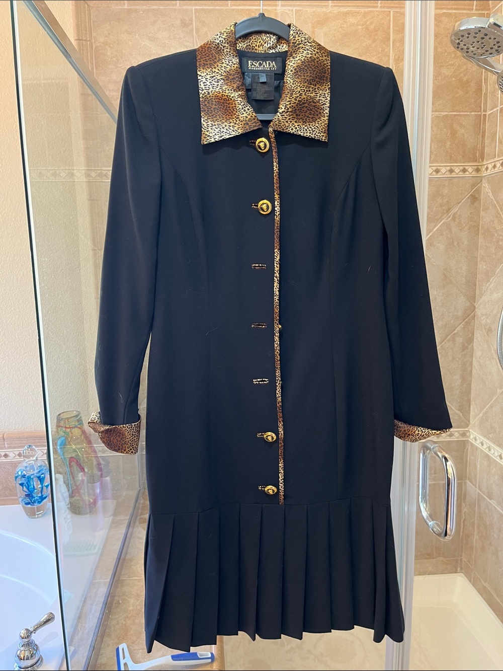 Escada Black Long-Sleeve Dress with Leopard-Print Trim